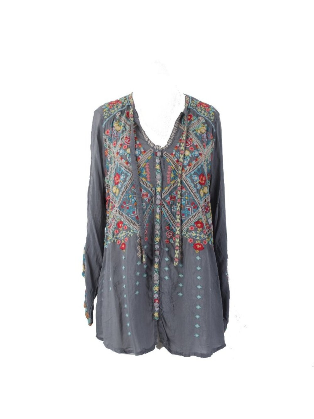 Johnny Was Top Sz S Gray Red Multi Colored Embroidered 100% Poly Top - Picture 1 of 12